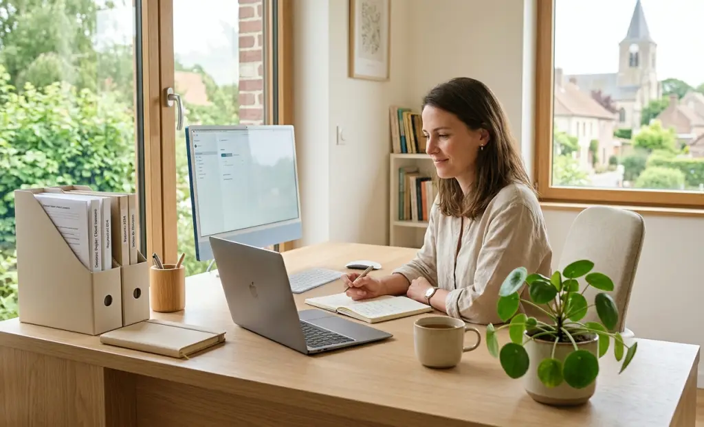 Femme qui organise ses papiers administratifs à son bureau