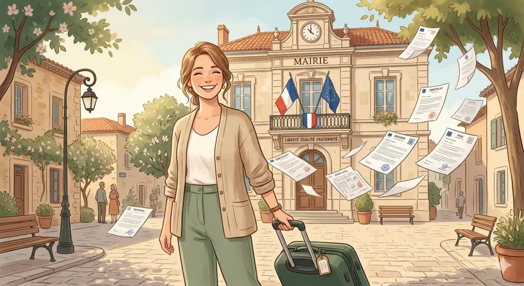 Femme européenne arrivant en France face aux démarches administratives