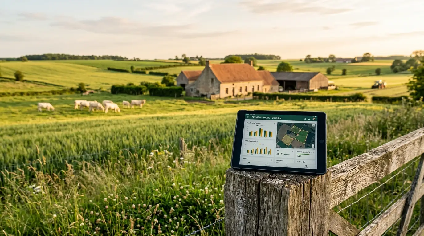 Gestion administrative agricole moderne : tablette de suivi d'exploitation devant un paysage de ferme