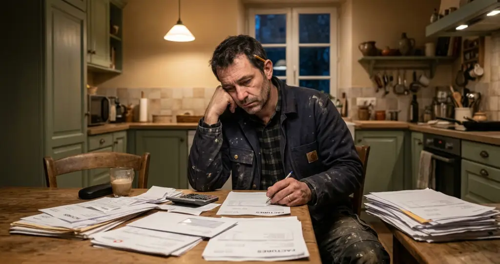 Artisan fatigué le soir face à sa paperasse administrative