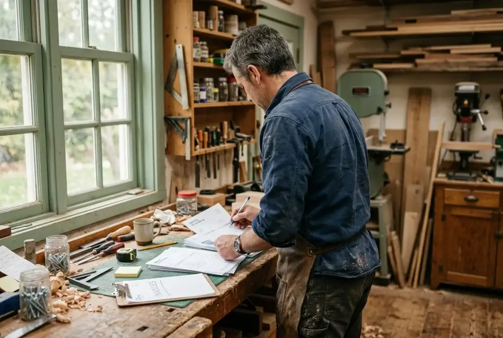Artisan du Cambrésis triant ses documents administratifs