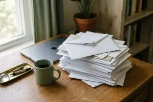 Pile de courrier administratif non ouvert, illustrant la phobie administrative