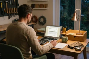 artisan préparant un devis à son bureau le soir
